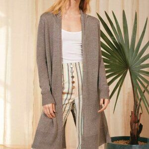 White & Warren Corded Linen Long Open Cardigan Taupe Heather XS
